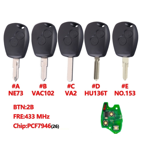 2 Button Remote Car Key 433mhz With Aftermarket PCF7946(26) Chip with  Blade