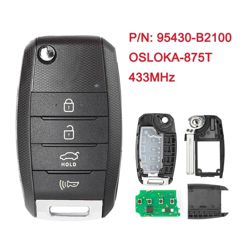 4 Button Flip Smart Key For Kia Soul 2014 2015 2016 2017 2018 Remote Key Fob 433MHz FCC ID: OSLOKA-875T P/N: 95430-B2100