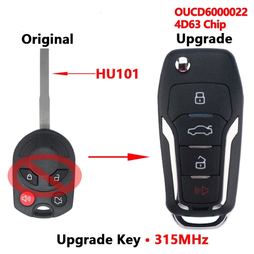 FCC:OUCD6000022 Upgraded Remote Key for Ford Escape Focus C-Max Transit With HU101 Blade 315MHz 4D63 Chip