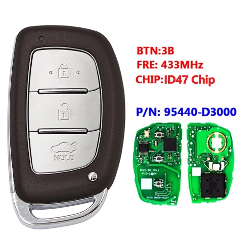 Replacement Smart Remote Key FOB 3 Button Transmitter 433MHz 47Chip for HYUNDAI SONATA Since 2015 P/N: 95440-D3000