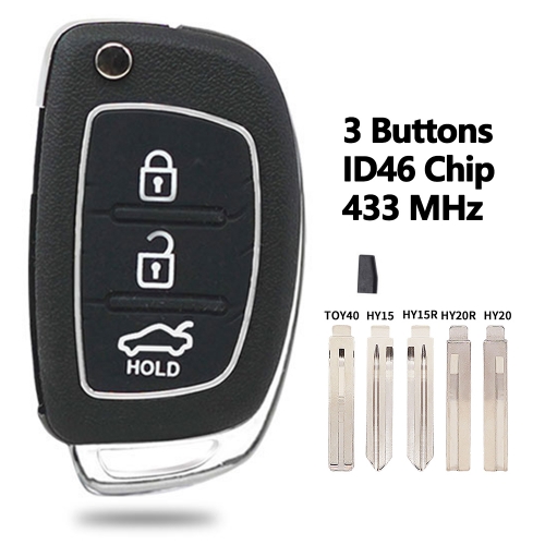 For Hyundai Elantra 2014 2015 2016 Flip Remote Control Car Key Fob 3 Buttons 433Mhz ID46, OKA-865T