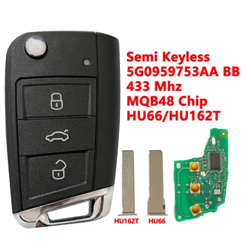 MQB 3Button Unkeylss Flip Key 433Mhz ID48 Chip For VW HU162T/HU66