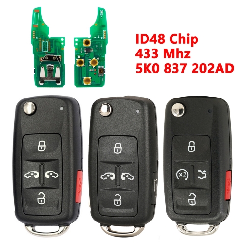 5K0 837 202AD 4+1/5Button flip key 433mhz Id48 Chip For VW