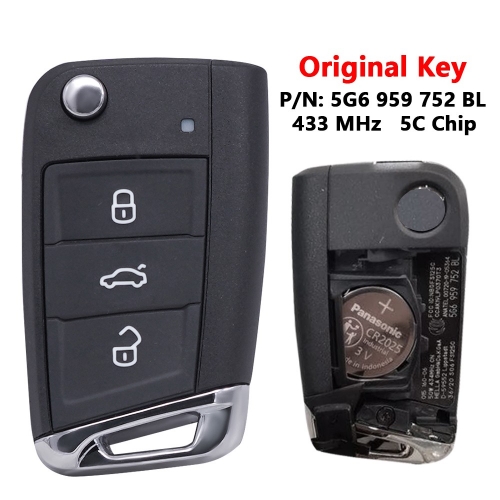 (433Mhz)5G6959752BL 3 Buttons 5C Chip  Smart Car Key for VW