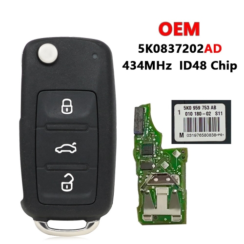 (433Mhz)5K0837202AD 3 Buttons ID48 Chip Semi Keyless Car Key for VW