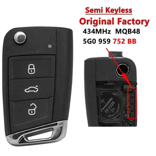 (433Mhz)5G0959752BB 3 Buttons MQB48 Chip Semi Keyless Car Key for VW