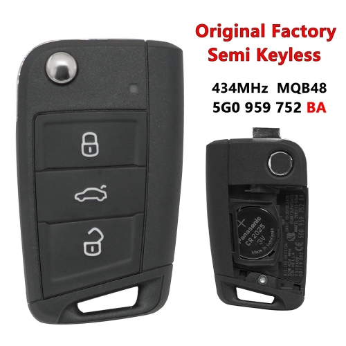 (433Mhz)5G0959752BA 3 Buttons MQB48 Chip Semi Keyless Car Key for VW