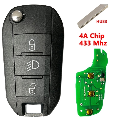 3 Buttons (LAMP) 4A Chip Flip Car Key  For Peugeot Citroen HU83 Blade