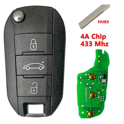 3 Buttons(Trunk) 4A Chip Flip Car Key  For Peugeot Citroen HU83 Blade