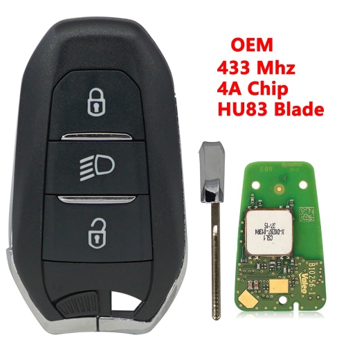 (433Mhz)3B(Lamp)/ 4A Chip  Smart Card Car Key  For Peugeot Citroen HU83 Blade