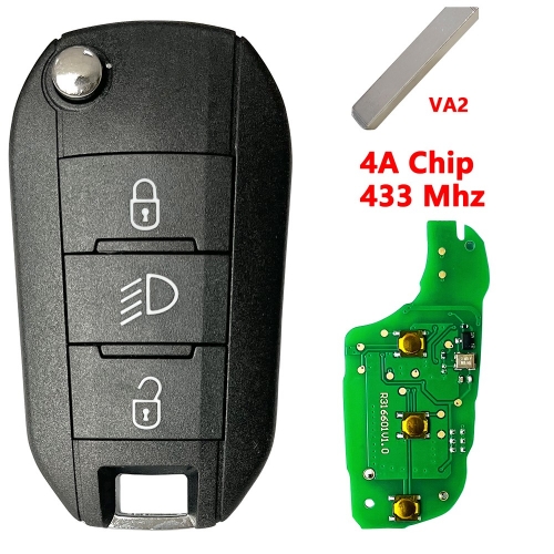 3 Buttons(LAMP) 4A Chip Flip Car Key  For Peugeot Citroen VA2 Blade