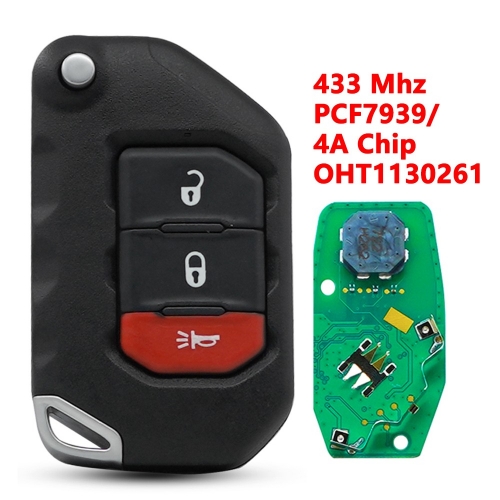 (433Mhz)OHT1130261 2+1 Buttons 4A/PCF7939M Chip Flip Remote Key for Jeep
