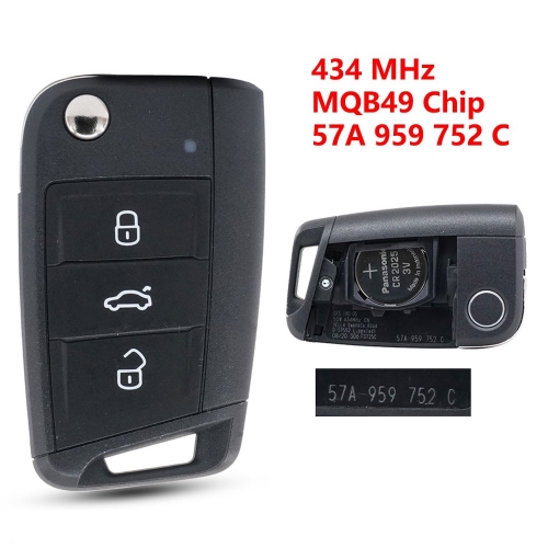 (434Mhz)Original 57A 959 752 C 3 Buttons MQB49 Chip Smart Remote Key for Skoda