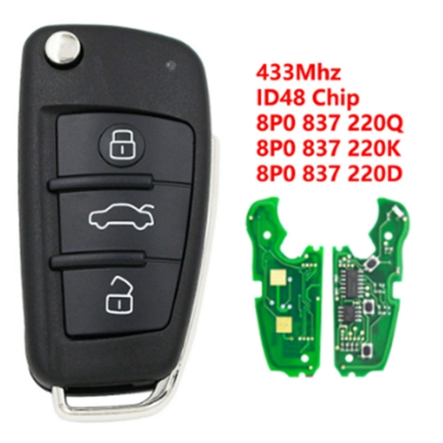 (433Mhz)8P0837220Q/K/D 3 Buttons ID48 Chip Remote Key for Audi