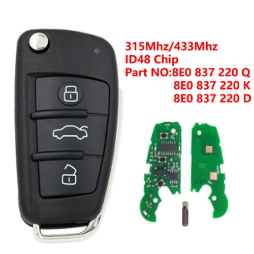(315/433Mhz)8E0837220Q/K/D 3 Buttons ID48 Chip Remote Key for Audi