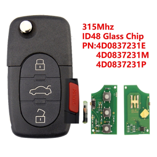 (315Mhz)4D0837231E/4D0837231M/4D0837231P 3+1 Buttons ID48 Glass Chip Flip Remote Key for Audi
