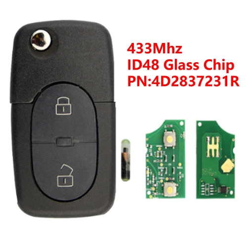 (433Mhz)4D2837231R 2 Buttons ID48 Glass Chip Flip Remote Key for Audi