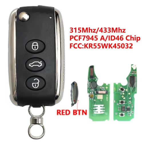 (315/433Mhz)KR55WK45032 2 Buttons PCF7945 A/ID46 Chip Smart Flip Remote Key for Bentley