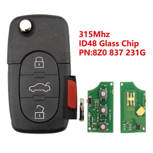 (315Mhz)8Z0 837 231G 3+1 Buttons ID48 Glass Chip Flip Remote Key for Audi