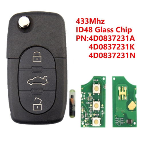 (433Mhz)4D0837231A/4D0837231K/4D0837231N 3 Buttons ID48 Glass Chip Flip Remote Key for Audi