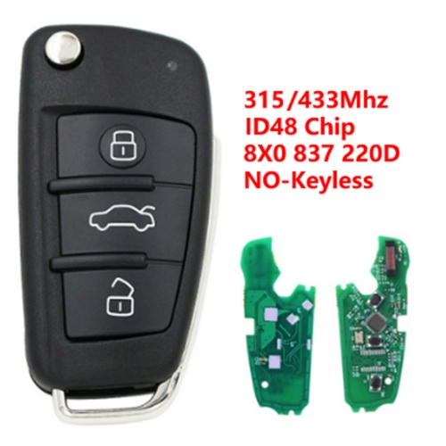 (315/433Mhz)8X0837220D 3 Buttons ID48 Chip NO Smart Remote Key for Audi