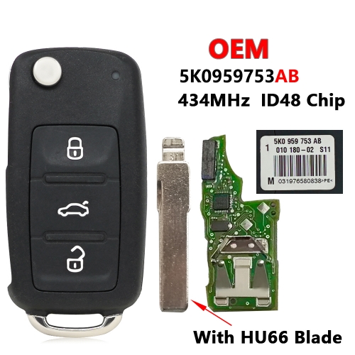 OEM Flip Remote Car Key ID48 433Mhz for VW Volkswagen Beetle Caddy Eos Golf Jetta Polo Scirocco Tiguan Touran 5K0959753AB