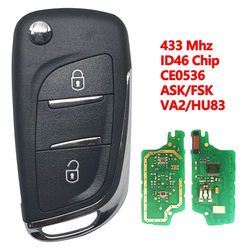 (433Mhz)2B ID46 Chip  Modified Filp Remote Car Key  For Peugeot Citroen DS Style CE0536 ASK/FSK VA2/HU83 Blade