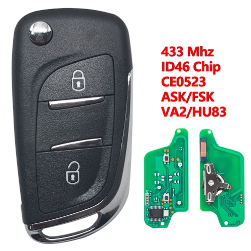 (433Mhz)2B ID46 Chip  Modified Filp Remote Car Key  For Peugeot Citroen DS Style CE0523 ASK/FSK VA2/HU83 Blade