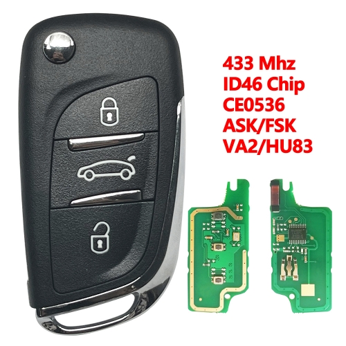 (433Mhz)3B ID46 Chip  Modified Filp Remote Car Key  For Peugeot Citroen DS Style CE0536 ASK/FSK VA2/HU83 Blade