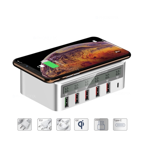 Quick Charge 3.0 Station - Wireless + USB +Type C Charger Station Led Display, with Wireless Charging pad 