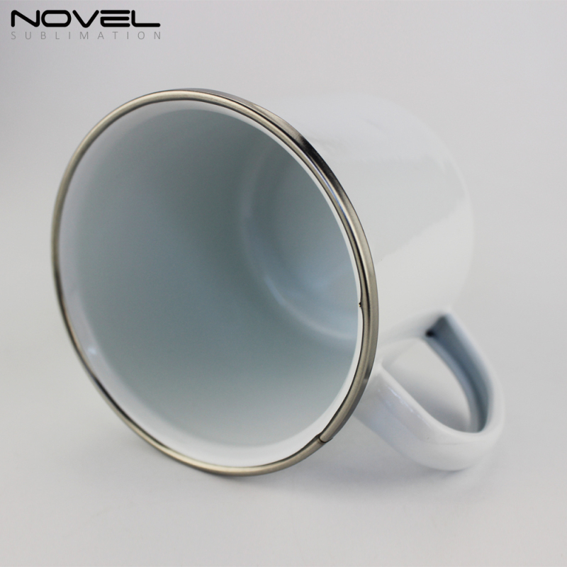 Fashionable White DIY Printing Enamel Mug with Stainless Steel Rim