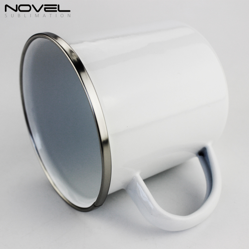 Fashionable White DIY Printing Enamel Mug with Stainless Steel Rim