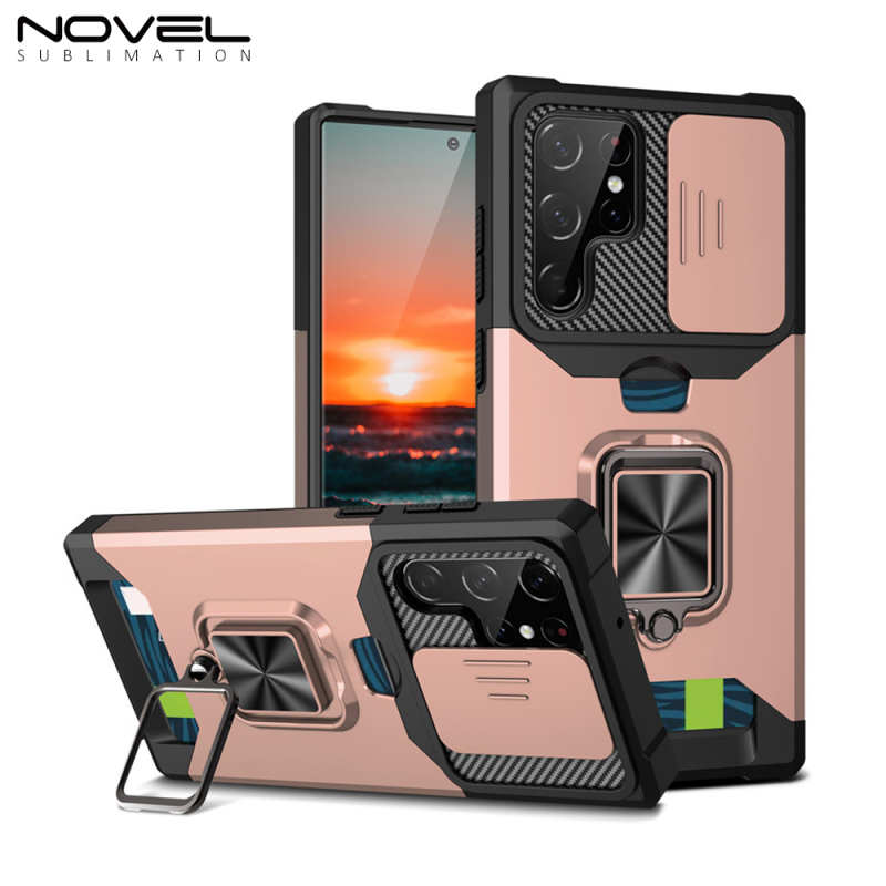 Popular Multifuction Eight Color Mobile Phone Cover With Ring Holder, Card Slot &amp; Window Sliding Phone Case For Galaxy S23 Ultra