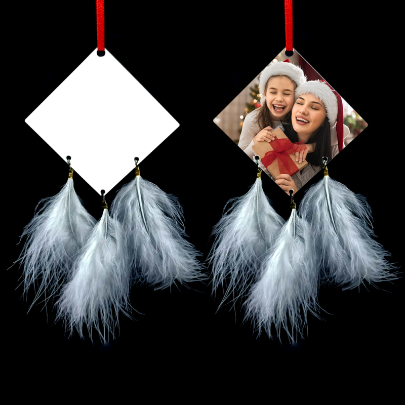 Square Round Blank Sublimation Ornaments With Feather For Christmas Tree Decoration