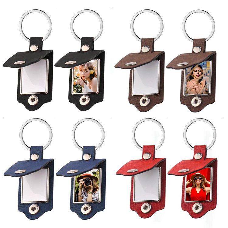 blank sublimation leather case photo frame keychain diy laser leather cover inside photo keyring with four colors