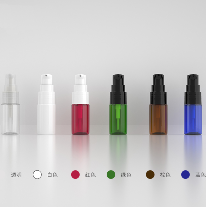 10ml ポンプ付きPETボトル、ブルー、茶色、白い、赤い、緑、クリアーのカラーがあリます。