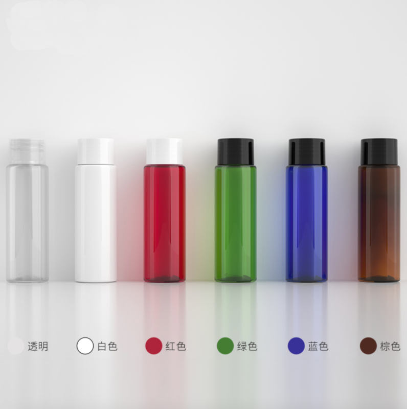 30ml キャップ＆中栓付きPETボトル、ブルー、茶色、白い、赤い、緑、クリアーのカラーがあリます。