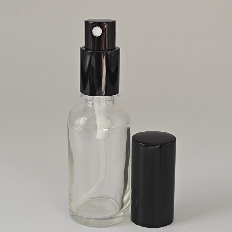 ３０mlスプレー付きガラス瓶；クリアー、茶色、ブルー、白い、黒い、緑　６カラーあります。アルミナーミストスプレー遮光瓶